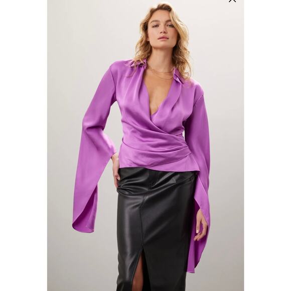 Simkhai Purple Paradisa Satin Long Sleeve Collared Wrap Top Size 4 - Picture 1 of 15
